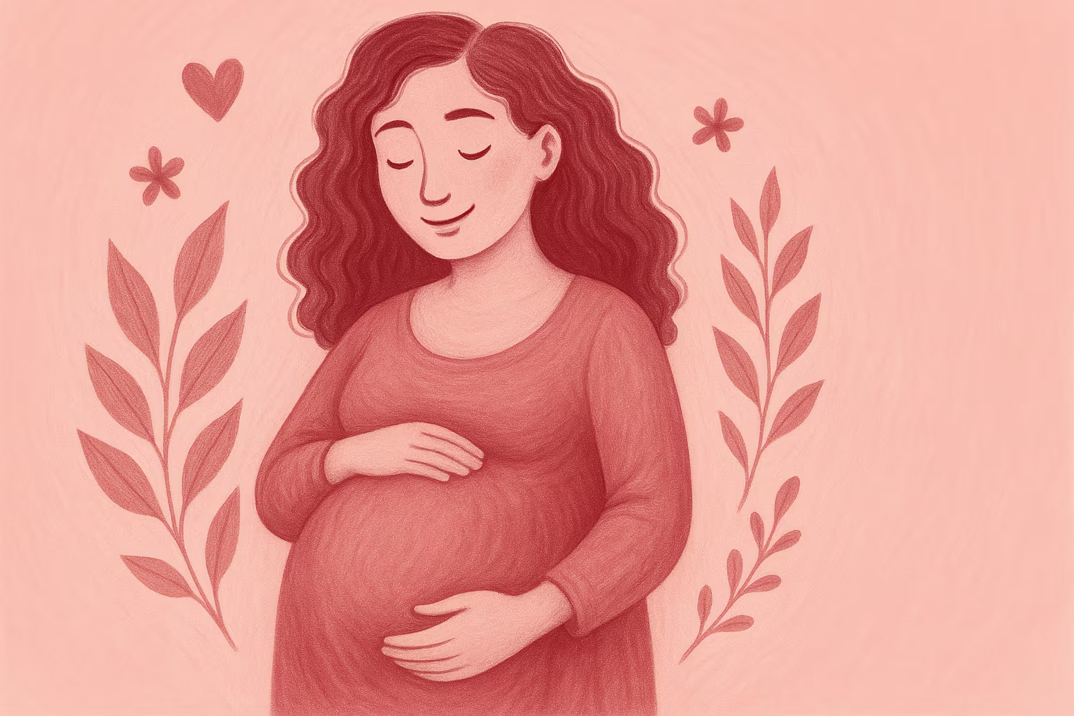 Uma mulher grávida com um sorriso suave, com a mão na barriga, em um ambiente tranquilo e acolhedor. Ela está sentada em uma cadeira confortável, com luz suave iluminando o espaço ao seu redor. A imagem transmite uma sensação de paz e esperança.